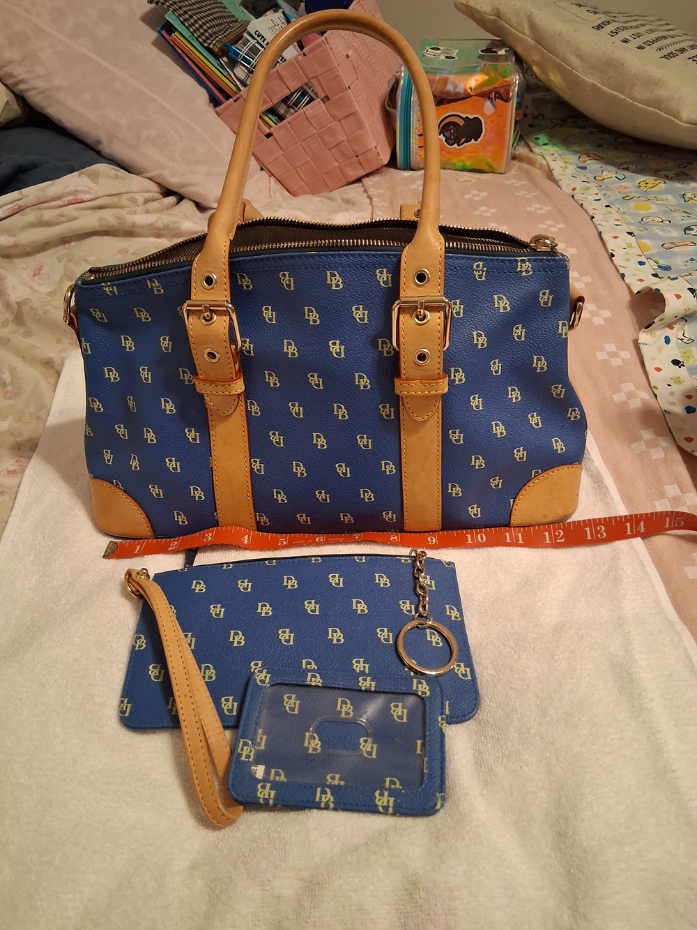 Dooney & Bourke Blue Monogram Satchel with Tan Trim and Accessories